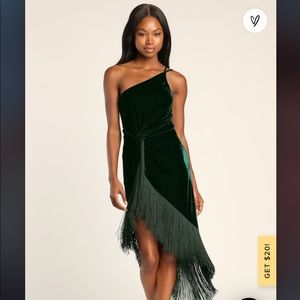 Lulus Fringe For Life Dark Green Velvet One-Shoulder Fringe Midi Dress